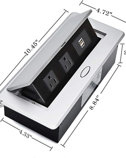 UL Approval Power Strip, Hidden Pop Up Outlet Table Connection Box, Desktop Socket with 2 Outlets & 2 USB Charging Ports for Conference Room Countertop (Silver)