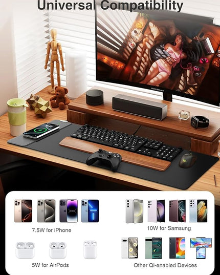 2-in-1 Mouse Pad with Magnetic Wireless Charging, Gaming Mouse Pad, 31.5"x11.8" Large Desk Mat for Laptop/Keyboard, Waterproof Smooth Surface, Non-Slip Base, No Adapter