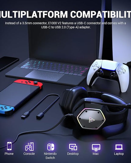 EKSA E1000 V2 Gaming Headset, PC Headset with USB C Plug, Wired Headphones with Noise Canceling Microphone, 7.1 Surround Sound, RGB Light, include USB Adapter for Computer,Mac, PS4/PS5 Console, Laptop