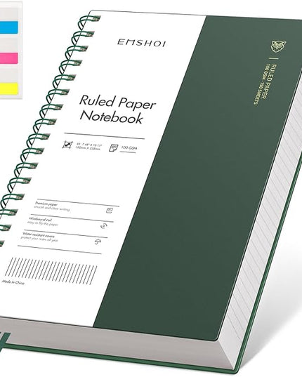 EMSHOI Lined Spiral Journal Notebook, B5 College Ruled Notebook, 300 Pages/150 Sheets, 100gsm Acid-Free Paper, Waterproof Softcover Notebook for School, Work, Note Taking, 7.48" × 10.15" - Dark Green