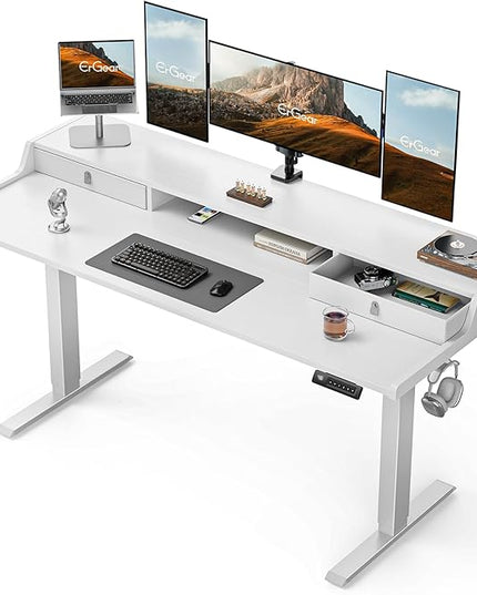 ErGear Electric Standing Desk with Drawers, 63″ x 28″ Gaming Table Compatible Monitor Stand, Stand up Desks, Home Office Height-Adjustable Desk with Storage Shelf, 4 Preset Heights, White