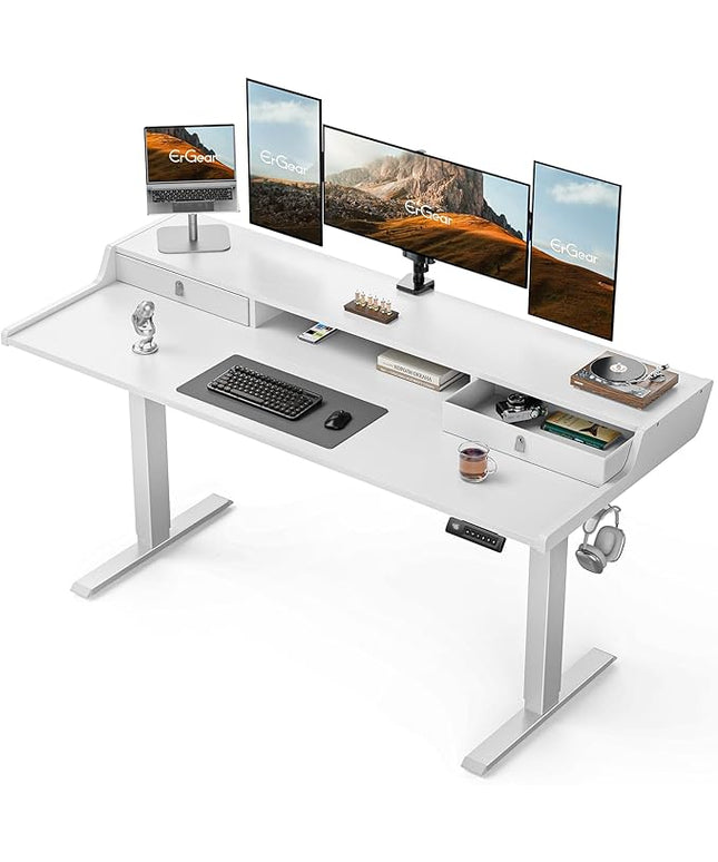 ErGear Electric Standing Desk with Drawers, 63″ x 28″ Gaming Table Compatible Monitor Stand, Stand up Desks, Home Office Height-Adjustable Desk with Storage Shelf, 4 Preset Heights, White