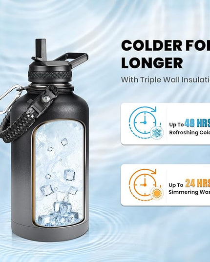 Insulated Water Bottle 64 oz, Triple Wall Vacuum Stainless Steel (Cold for 48 Hrs), Leak Proof & Non-BPA, Half Gallon Water Flask Jug with Paracord Handle & Straw Spout Lids, Dark Gray