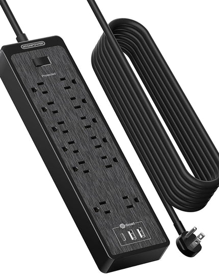 NTONPOWER 25 Ft Extension Cord Flat Plug, 12 Outlets(2 Widely Space) 3 USB with 2100J Surge Protector Power Strip, Overload Protection, 1875W/15A, Wall Mount for Home Office, Workbench or Garage,Black
