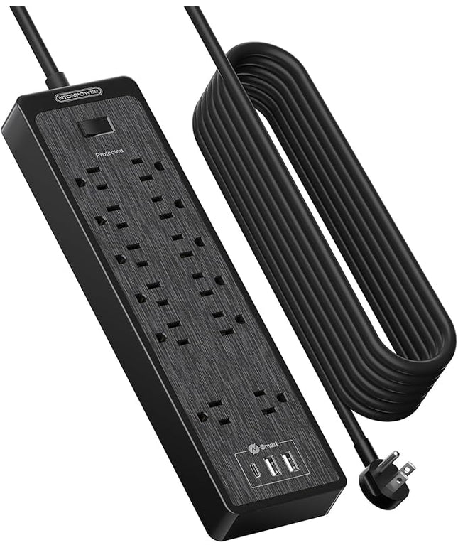 NTONPOWER 25 Ft Extension Cord Flat Plug, 12 Outlets(2 Widely Space) 3 USB with 2100J Surge Protector Power Strip, Overload Protection, 1875W/15A, Wall Mount for Home Office, Workbench or Garage,Black