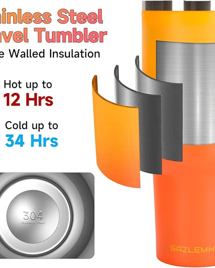 40oz Tumbler with Handle and Straw Spout 2-in-1 Lid, Spill Leak Proof Insulated Travel Cup Traveler Water Mug Keep Cold Hot, Dishwasher Safe Stainless Steel Bottle Gifts for Women Men, Ombre Orange