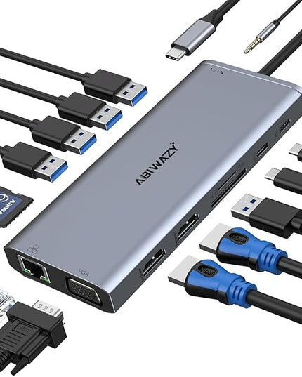 USB C Docking Station Dual Monitor for Dell/HP/Lenovo/Surface Laptop, 14 in 1 Triple Display Hub Multiple Adapter, Dongle with 2 HDMI 4K+VGA+5 Port+100W PD Charger+Ethernet+SD/TF+Audio