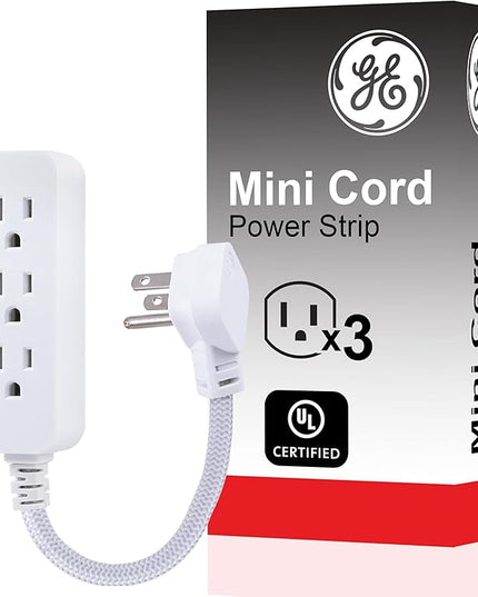 GE Designer 3-Outlet Power Strip, 1 Ft Braided Extension Cord, 3 Grounded Outlets, Flat Plug, Mini Cord, Premium, White, 45190 (Pack of 12)