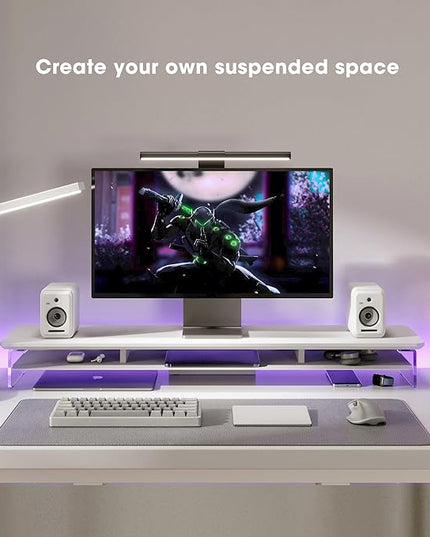 Fenge Acrylic Monitor Stand Riser, 42.5 Inches Dual Monitor Stand with Metal Storage, 2 Tier Acrylic Computer Riser for Desk, Clear Laptop Stand for PC, Laptop, Printer, TV, White