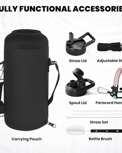 Insulated Water Bottle 87 oz, Triple Wall Vacuum Stainless Steel (Cold for 48 Hrs), Leak Proof & Non-BPA, Modern Water Flask Jug with Paracord Handle & Straw Spout Lids, Hydrangea