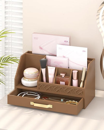 Wisuce Essentials Bamboo Desk Organizer with Drawers, Mail Organizer Countertop Wood Desk Drawer Tabletop Storage Organization Pen Holder Letter Sorter Makeup Organizer for School Home Office (Brown)