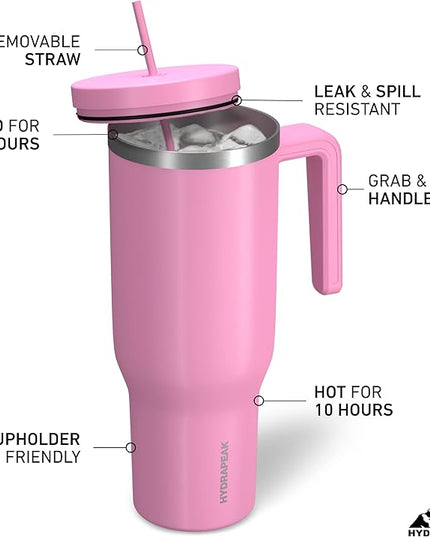 Hydrapeak Voyager 40 oz Tumbler with Handle and Straw Lid | Reusable Stainless Steel Water Bottle Travel Mug Cupholder Friendly | Insulated Cup (Bubblegum)