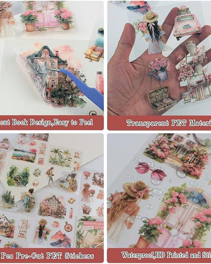 Dwpetzo Summer Beach Pre-Cut Journal Sticker Book for Junk Journaling, Transparent PET Landscape Stickers for Scrapbook Supplies, Scrapbooking, Collage, Planners, Bujo, 20 Sheets