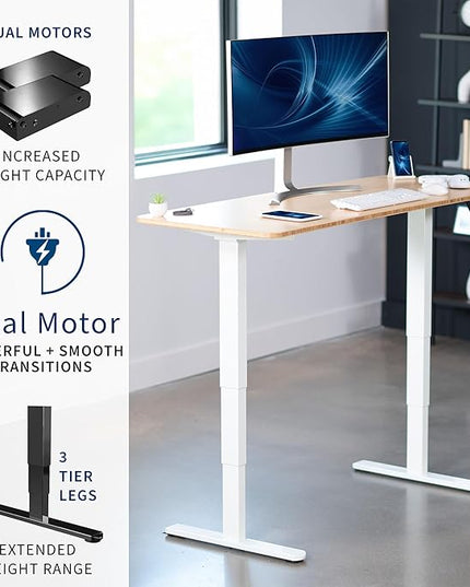 VIVO Electric 60 x 24 in Dual Motor Sit Stand Desk, Memory Height Adjustment, 2B Series, Bamboo Top White Frame, DESK-KIT-2W6O