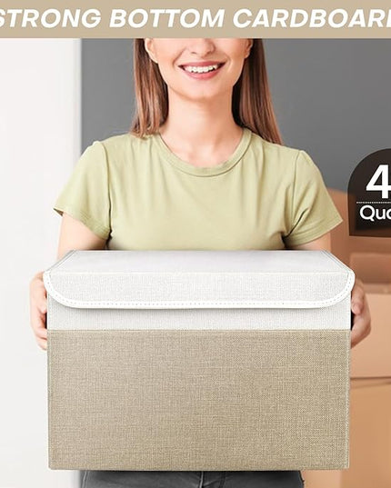 Large 17" 42 Quarts Collapsible Stackable Storage Bins with Lids [3-Pack] Foldable Fabric Linen Storage Boxes Cube, Closet Organizer Baskets with Label (16.7 x 12 x 12, Beige & White)