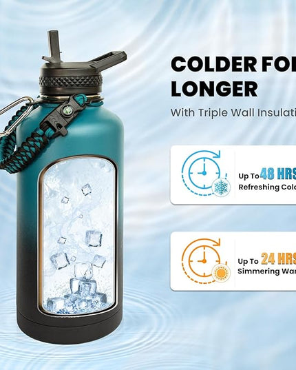 Insulated Water Bottle 87 oz, Triple Wall Vacuum Stainless Steel (Cold for 48 Hrs), Leak Proof & Non-BPA, Modern Water Flask Jug with Paracord Handle & Straw Spout Lids, Indigo/Black