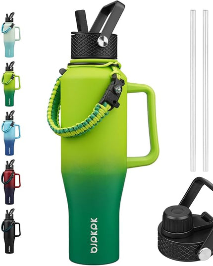 BJPKPK Insulated Water Bottles with Straw Lid, 40oz Metal Water Bottle with 2 lids & Paracord Strap, Double Wall Stainless Steel Tumbler with Handle, Reusable Cups, Mugs, Thermo, Bamboo Grove