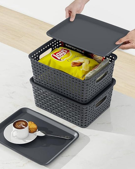 Xyskin Small Plastic Storage Basket with Lid, Set of 6 Weave Plastic Baskets, Grey