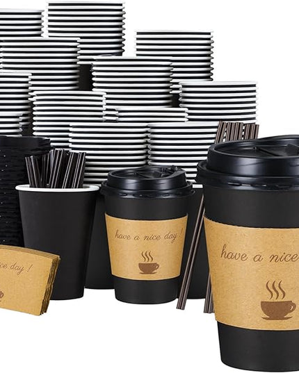 Lamosi 12 oz Coffee Cups with Lids 100 Pack, 12 oz Disposable Coffee Cup with Stir Sticks and Sleeves, To Go Hot Paper Cup for Home, Travel, Office
