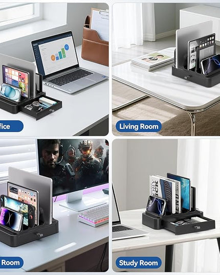 KDD Vertical Laptop Stand with Drawer - 7-in-1 Space-Saving Laptop Holder with Gravity Locking Fits MacBook, Dell, HP, Chromebook, Surface Pro, Tablet, Cell Phone, Switch, Keyboard Desktop Organizer