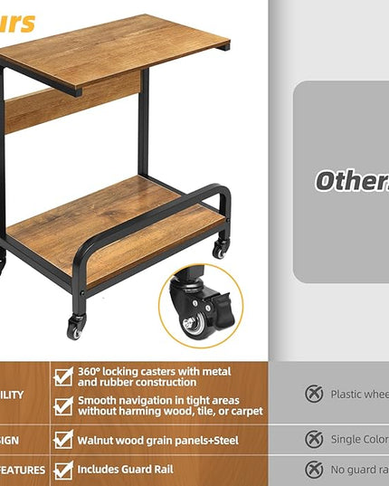 2-Tier Computer Tower Stand Adjustable, Gaming PC Floor Stand Large for ATX, E-ATX, ITX, Rolling PC Tower Cart with Guardrail, Metal Locking Wheels, 32.7" X 21.6" X 15.8",Walnut