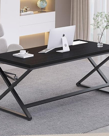IBF Black Desk, Modern Computer Desk for Writing Study, Industrial Simple Home Office Work Desk in Bedroom, Wood Metal Pc Gaming Laptop Workstation Executive Computer Table, Black Oak, 60 Inch