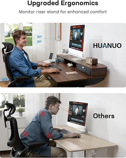 HUANUO 55 x 30 inch Electric Standing Desk with Wood Drawers, Adjustable Height Sit Stand Home Office Desk with Two Tiers, Ergonomic Adjustable Stand up Desk C-Clamp Monitor Mount Compatible, Walnut