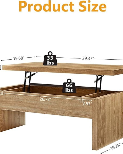 Small Lift Top Coffee Table, Wood Rectangle Coffee Table with Lifting Top and Hidden Storage Compartment, Mid Century Modern Center Tables for Small Space, Living Room, Office (Natural)