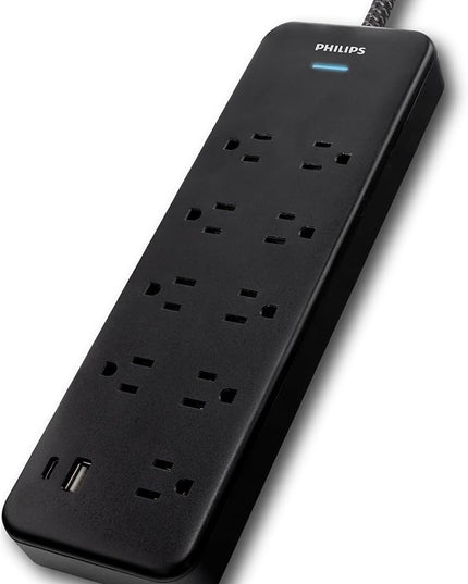 Philips 9-Outlet Surge Protector with USB Charging, 6ft Braided Extension Cord, 1USB-A, 1USB-C, 2400J, Adapter Spaced, Black - SPP3983B/37
