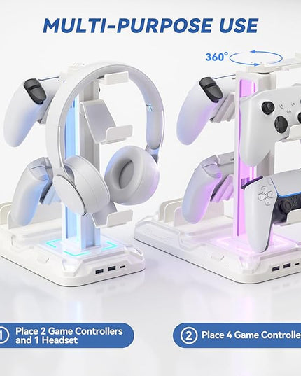 KDD Headset Stand with Charging Station - Detachable Controller Holder with 9 Light Modes - Rotatable Headphone Hanger with USB A&C Charger Ports - Earphone Hook for PC Gaming Accessories Storage