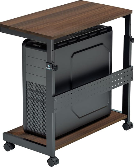 EUREKA ERGONOMIC PC Stand Computer Cart, Height Adjustable Tower Stand 2-Tier Suit for ATX Case Printer, Metal Rolling Cart on Wheels for Gaming Home Office, Walnut