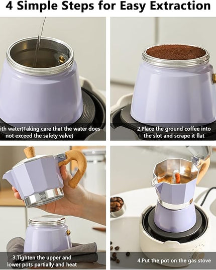 Bincoo Cute Espresso Maker Stovetop - Small Moka Pot 2 Espresso Cups/120ML,Espresso Pot Italian Coffee Maker for Home Camping Cafe Office (Purple)