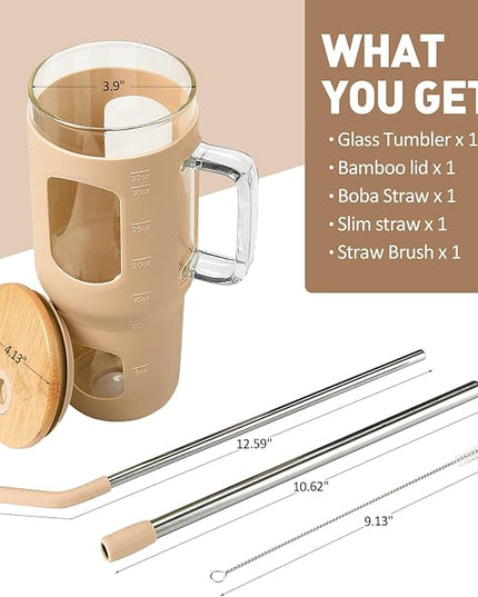 Glass Tumbler with Lid, 32 oz Glass Cup with Handle, Glass Water Bottles with Time Marker, 2 Straws - Pearl Straw & Silicone Protective Sleeve - Amber