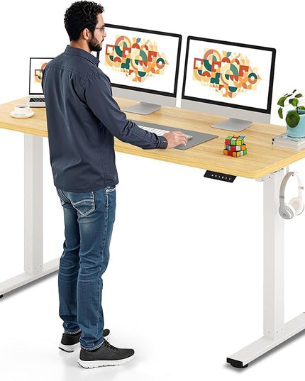 SANODESK Electric Standing Desk 60 x 24 Inches Whole-Piece Desktop Height Adjustable Stand Up Desk w/6-Button Controller Ergonomic Computer Desk for Home Office, White Frame + Natural Tabletop