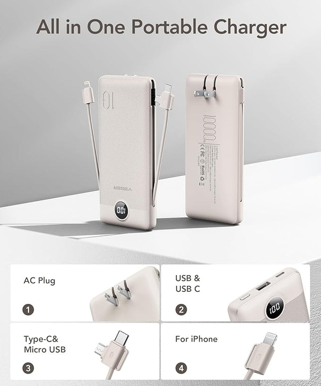 VEGER Portable Charger with Built-in AC Plug and Cables, All in One 10000mAh Ultra Slim Power Bank Travel Essentials, 15W Fast Charging Battery Pack Compatible with iPhone, Samsung, Android (Coffee)