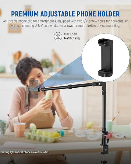 NEEWER 45.5" Overhead Camera Desk Stand, Aluminum 4 Section Magic Mic Boom Arm with C Clamp Mount Phone Holder, for Webcam LED Light Microphone Streaming Zoom Video Recording, Max Load 4.41lb, DS023