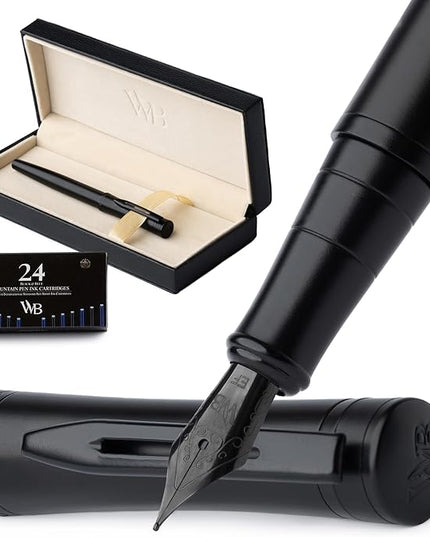 Wordsworth & Black Fountain Pen Set, Extra Fine Nib, Includes 24 Pack Ink Cartridges, Ink Refill Converter & Gift Box, Calligraphy, [All Black], Perfect for Men & Women