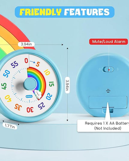HIPPIH Visual Timer for Kids, 60 Minute Countdown Timers for Classroom Kitchen Office, Rainbow Disk Desk Timer Clock with Silent Operation, Pomodoro Timer Time Management Tools for Toddler ADHD Blue