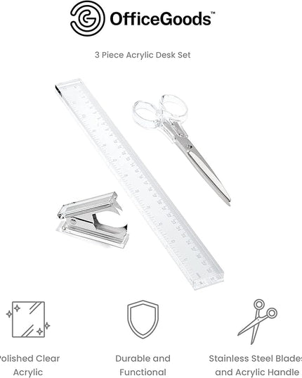 OfficeGoods 3 Piece Acrylic Desk Set - Includes Ruler, Staple Remover, Scissors - Functional & Elegant Desk Accessories - Stationary Tools for Home, Office, and School - Silver