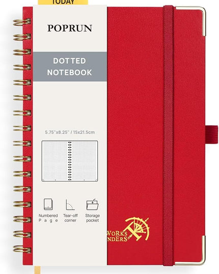 POPRUN Spiral Dotted Journal Notebook, [A5-5.75'' x 8.25''] - 120 GSM Thick Paper, 141 Numbered Pages, Hardcover for Men & Women with Pocket, Index Tabs, 8 Perforated Sheets, Red