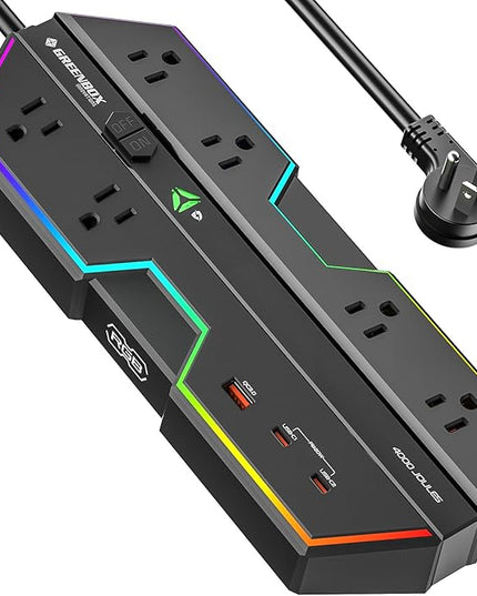 4000J Surge Protector Power Strip with USB Ports, 6 Outlet Power Strip with RGB Lights and PD 20W Fast Charging, Wide-Spaced Outlet Perfect for e-Sports, Game PC, Home and Offices