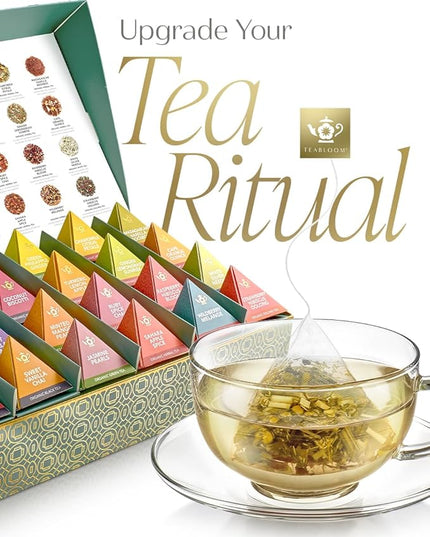 Teabloom Wellness Tea Collection – Fruit & Herbal Assortment with 12 Plant-Based Pyramid Sachets, Organic Ingredients, Elegant Presentation Box, Thoughtful Gift for Tea Lovers