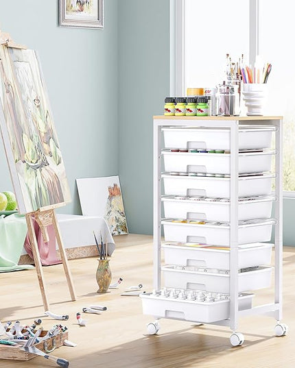 Rolling Cart with Drawers,8 Drawer Rolling Cart,Rolling Drawer Cart,Rolling Storage Drawer Cart,White Rolling Cart,Utility Cart with Drawers and Wooden Tabletop