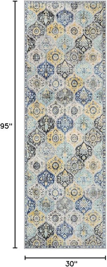Lahome Moroccan Washable Hallway Runner Rug, 2'5''x8' Ultra-Thin Carpet Runners for Hallways Kitchen, Oriental Vintage Non-Slip Laundry Room Rug for Entryway Bedroom Bathroom, Yellow/Aqua