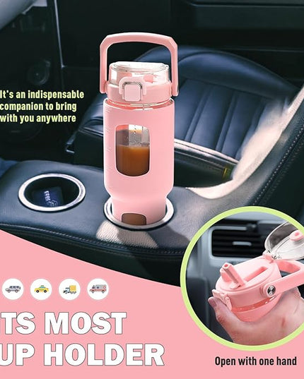 BLUEGO 32oz Glass Tumbler with Lid and Handle, Iced Coffee Cup with Straws, Glass Water Bottle with Silicone Sleeve and Volume, Marker Glass Cup with Time Marking, BPA Free, Pink
