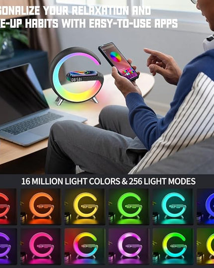 4-in-1 Wireless Charger Smart Atmosphere Lamp, Bluetooth Speaker, LED Dimmable Night Light Ambience Table Lamp, Alarm Clock, App Control, Room Decor (Black, APP Ctrl)