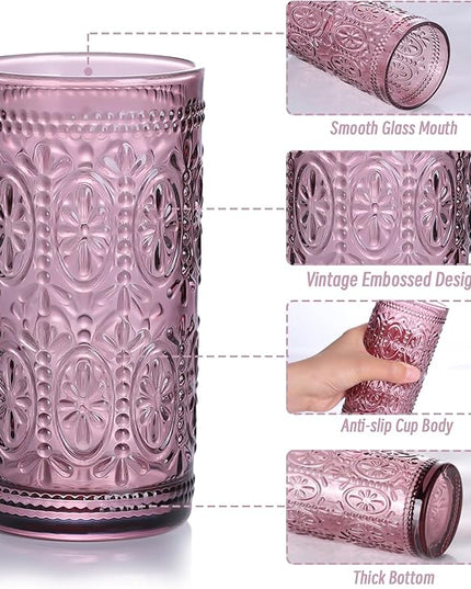 Purple Drinking Glasses Set of 4, Vintage Drinking Glasses, Colored Glassware Drinking, Highball Beverage Glasses Cup, Vintage Glassware Set for Water, Juice, Cocktail, Coffee