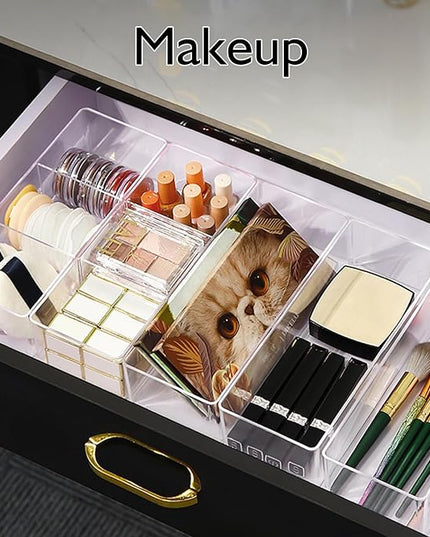 Stackable Acrylic Drawer Organizer Set, 18 PCS Multi-Size Storage Bins for Makeup, Office Desk, Bathroom, Vanity and Kitchen Utensils