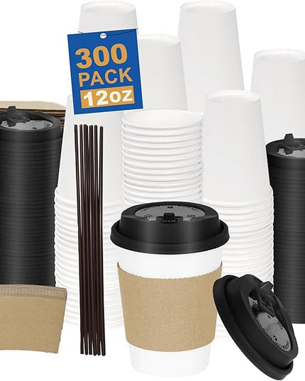 Coolcap 12 oz 300 Pack Coffee Cups with Lids and Sleeves, Straws, Hot Disposable To Go Travel Paper Cups Bulk for Office, Home Coffee Bar Accessories, Chocolate, Cocoa, Beverage (White)