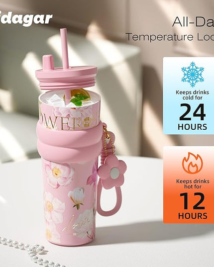 24 oz Stainless Steel Tumbler with Lid and Straw, Insulated Coffee Mug, Leak Proof, Portable Iced Travel Water Bottle, Reusable Thermal Coffee Cup, Floral Pink
